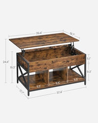 VASAGLE Lift Top Coffee Table, Lift Coffee Table with Storage Shelf, Hidden Compartments and Lifting Top, for Living Room, Office, 19.7 x 39.4 x (19.3-24.4) Inches, Rustic Brown and Black ULCT202B01