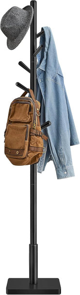 VASAGLE Solid Wood Coat Rack, Free Standing Hall Coat Tree with 8 Hooks, 3 Height Options, for Coats, Hats, Bags, Purses, for Entryway, Hallway, Rubberwood Hooks and Pole, Ink Black URCR010B01