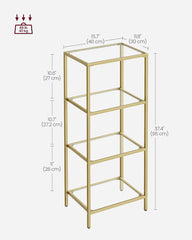 VASAGLE Bookcase, 4-Tier Bookshelf, Slim Shelving Unit for Bedroom, Bathroom, Home Office, Tempered Glass, Steel Frame, Metallic Gold ULGT28G