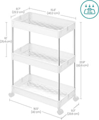 SONGMICS Slim Storage Cart, 3-Tier Rolling Cart, Narrow Utility Cart on Wheels, 6 Hooks, 360° Swivel Wheels, Lockable, Steel Frame, Bathroom, Kitchen, Office, Cloud White UKSC009W01