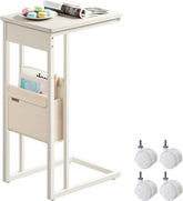VASAGLE C-Shaped Side Table, End Table with Wheels, C Table for Couch, Sofa, with Storage Bag, Adjustable Feet, for Bedroom, Living Room, Cream White ULET357W77