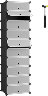 SONGMICS 10-Tier Shoe Rack,Plastic Cube Storage Organizer Units, DIY Modular Closet Cabinet with Doors, Includes Rubber Mallet and Anti-Tipping Device, Black ULPC10H