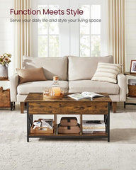 VASAGLE Lift Top Coffee Table, Lift Coffee Table with Storage Shelf, Hidden Compartments and Lifting Top, for Living Room, Office, 19.7 x 39.4 x (19.3-24.4) Inches, Rustic Brown and Black ULCT202B01