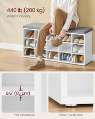 VASAGLE CUSTOS Collection - Shoe Bench, Storage Bench with Padded Seat, Entryway Bench with 15 Compartments, for Bedroom, 11.8 x 41.3 x 18.9 Inches, Cloud White and Dove Gray ULHS15WT