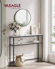 VASAGLE Console Table, 2-Tier Sofa Table, 7.9 x 31.5 x 31.5 Inches, Narrow Entryway Table, Modern Entry Table with 2 Shelves, for Living Room, Bedroom, Marble White and Ink Black ULNT130W59