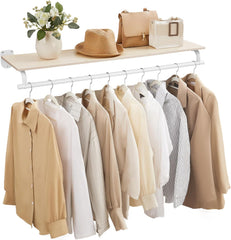 SONGMICS Clothes Rack with Top Shelf, Wall Mounted Clothing Rack, with Hanging Rod, Loads up to 77 lb, 11 x 42.9 x 5.2 Inches, Entryway, Bedroom, Closet, Natural Beige and Cloud White UHSR135W01