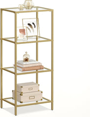 VASAGLE Bookcase, 4-Tier Bookshelf, Slim Shelving Unit for Bedroom, Bathroom, Home Office, Tempered Glass, Steel Frame, Metallic Gold ULGT28G