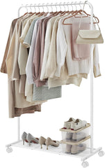 SONGMICS Clothes Rack with Wheels, Clothing Rack for Hanging Clothes, 25.4 mm Metal Garment Rack with Dense Mesh Storage Shelf, 110 lb Load Capacity, 2 Brakes, Cloud White UHSR025W01