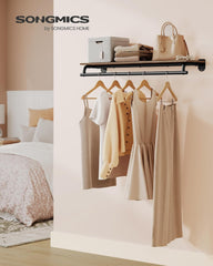 SONGMICS Clothes Rack with Top Shelf, Wall Mounted Clothing Rack, with Hanging Rod, Loads up to 77 lb, 11 x 42.9 x 5.2 Inches, Entryway, Bedroom, Closet, Rustic Brown and Ink Black UHSR135B01