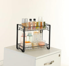 SONGMICS Spice Rack Organizer for Cabinet, 2-Tier Cabinet Shelf with Plastic Shelf Liner, Kitchen Counter Shelf, Anti-Slip Design, for Countertop, Bathroom, Black UKCS013B01