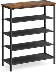 VASAGLE Shoe Rack, 5-Tier Shoe Storage Organizer for Entryway and Closet, Holds 12-16 Pairs of Shoes, 4 Fabric Shelves, Steel Frame, Industrial, Rustic Brown and Black ULBS036B01