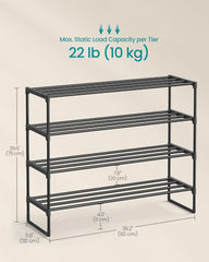 SONGMICS Shoe Rack, 4-Tier Shoe Organizer, Metal Storage Shelf, Upright or Upside Down, for 20-25 Pairs, Stackable, for Entryway, 11.8 x 36.2 x 29.5 Inches, Black ULSA14BK