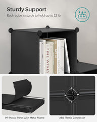 SONGMICS 6 Cube Storage Organizer, Modular Bookshelf, DIY Closet Organizers and Storage, Plastic Stackable Shelves, 14.6 x 13 x 13 Inch Cubes, with Feet and Rubber Mallet, Black ULPC206B01