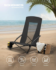 SONGMICS Set of 2 Portable Beach Chairs for Adults, Max. Load 330 lb Each, High Backrest, Cup Holder, Lightweight, Heavy-Duty, Black UGCB067B01V1