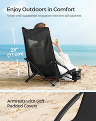 SONGMICS Set of 2 Portable Beach Chairs for Adults, Max. Load 330 lb Each, High Backrest, Cup Holder, Lightweight, Heavy-Duty, Black UGCB067B01V1