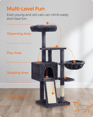 FEANDREA Cat Tree, 53.1-Inch Cat Tower for Indoor Cats, Multi-Level Cat Condo with Removable Washable Perch Cover, Cat Furniture with Scratching Post and Board, Basket, Cave, Smoky Gray PCT132G01