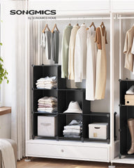 SONGMICS 6 Cube Storage Organizer, Modular Bookshelf, DIY Closet Organizers and Storage, Plastic Stackable Shelves, 14.6 x 13 x 13 Inch Cubes, with Feet and Rubber Mallet, Black ULPC206B01
