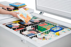 21 cu ft Double Door LID Garage-Ready Chest Freezer-White, Vinyl-Coated Baskets, Space-Saving Flat Back, Stay-Open, Front-Access Drain