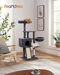 FEANDREA Cat Tree, 53.1-Inch Cat Tower for Indoor Cats, Multi-Level Cat Condo with Removable Washable Perch Cover, Cat Furniture with Scratching Post and Board, Basket, Cave, Smoky Gray PCT132G01