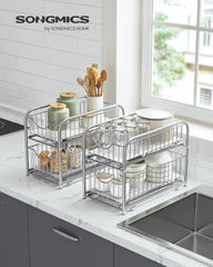 SONGMICS 2-Tier Pull Out Cabinet Organizers, Under Sink Organizer, Bathroom Organizer and Storage, Sliding Basket Drawers, Stackable for Kitchen, Bathroom, Metallic Silver UKCS017E01