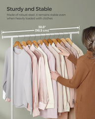 SONGMICS Clothes Rack with Wheels, Clothing Rack for Hanging Clothes, 38.8 Inches Metal Garment Rack with Shelf, Loads up to 110 lb, for Bedroom, Closet, Natural Beige and Cloud White UHSR151W01
