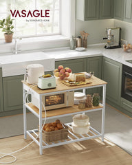 VASAGLE Kitchen Island with 3 Shelves, Kitchen Shelf with Power Strip, 23.6 x 39.4. x 34.9 Inches, Large Worktop, Steel Structure, Industrial, Easy to Assemble, Oak Color and White UKKI105Y01