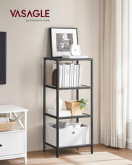 VASAGLE Bookcase, 4-Tier Bookshelf, Slim Shelving Unit for Bedroom, Bathroom, Home Office, Tempered Glass, Steel Frame, Ink Black ULGT028B61