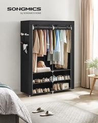 SONGMICS Portable Closet Wardrobe with Shoe Rack and Cover, Closet Storage Organizer, 2 Hanging Rods, Shelves, and 4 Side Pockets, 50 x 17.7 x 69.3 Inches, Spacious for Bedroom, Black URYG008B02
