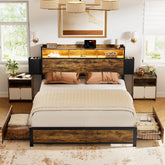 Antioch Queen Bed Frame with 2 Underbed Drawers & 2 Bedside Drawers, Modern Platform Bed with Charging Station & LED Light, Storage Headboard with Open Bookcase Shelves, Rustic Brown