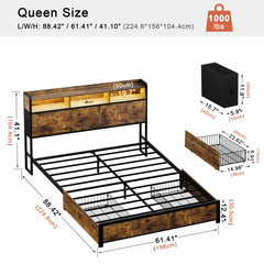 Antioch Queen Bed Frame with 2 Underbed Drawers & 2 Bedside Drawers, Modern Platform Bed with Charging Station & LED Light, Storage Headboard with Open Bookcase Shelves, Rustic Brown