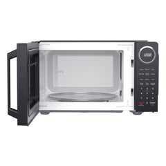 Frigidaire EMW953-BLACK black countertop microwave with open door and glass turntable