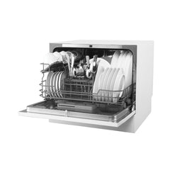 Hamilton Beach white HBDW3208 countertop dishwasher - angled open-door view