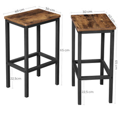 VASAGLE Counter Stools - Rustic Brown and Black LBC65X - front and side dimension view