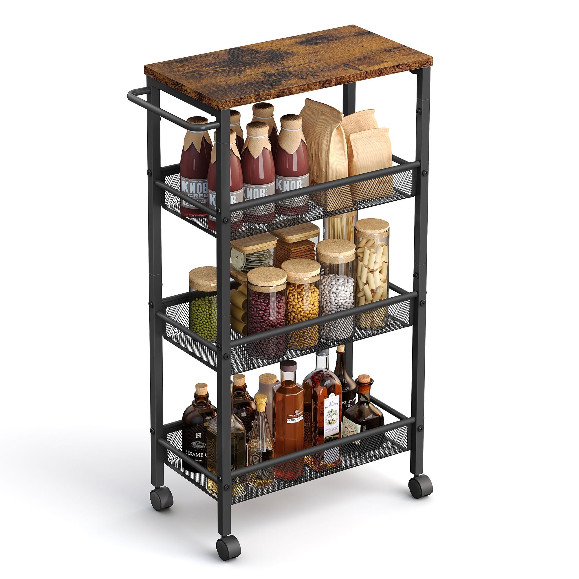VASAGLE 4-Tier Slim Rolling Cart - Rustic Brown and Matte Black