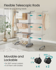 SONGMICS ULLR704G01 drying rack showing telescopic rods and wheels