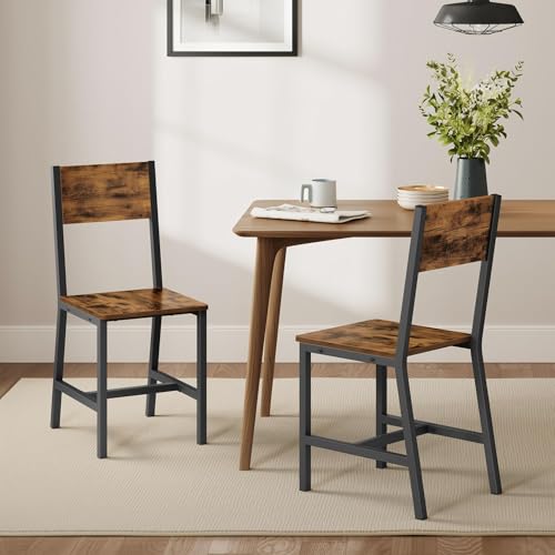 VASAGLE Dining Chair Set of 2, Rustic Wood Chairs with Metal Steel Frame, Easy to Assemble, Comfortable Seat, Modern Farmhouse Chair for Kitchen, Bedroom, Living Room, Rustic Brown and Ink Black
