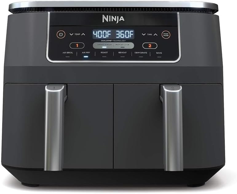 Ninja DZ201 Foodi – Friteuse à air comprimé DualZone 6 en 1 à 2 paniers avec 2 paniers à frire indépendants, Match Cook & Smart Finish pour rôtir, griller, déshydrater et plus encore pour des repas