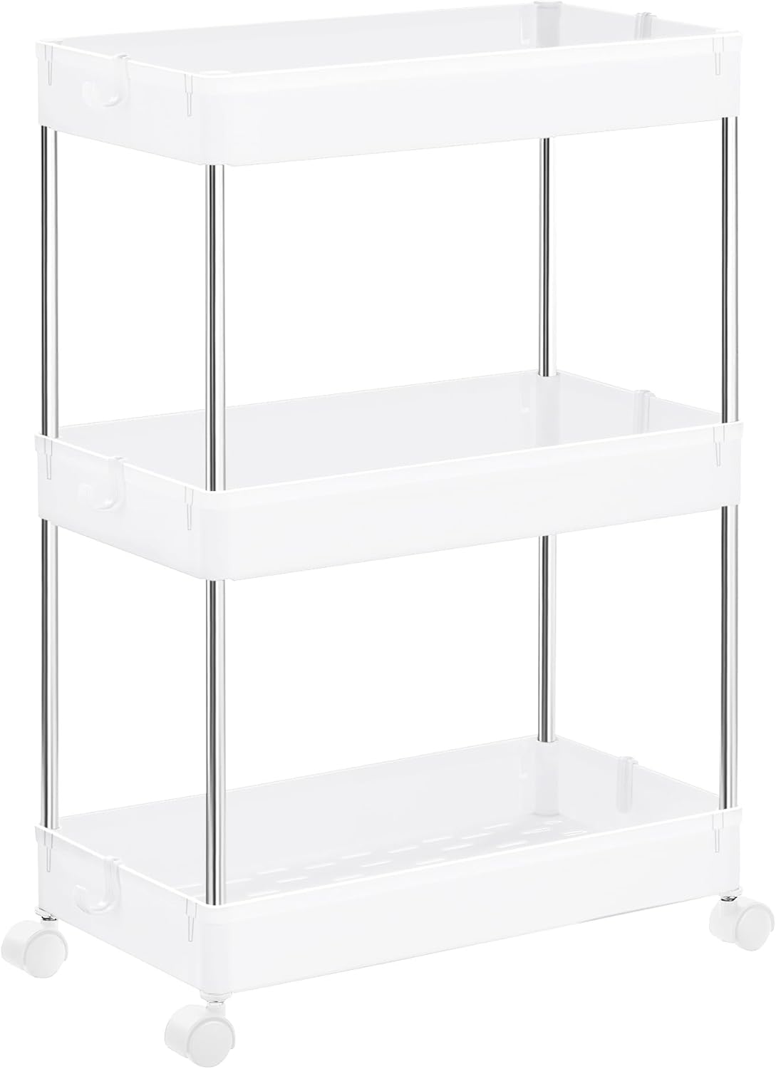SONGMICS Slim Storage Cart, 3-Tier Rolling Cart, Narrow Utility Cart on Wheels, 6 Hooks, 360° Swivel Wheels, Lockable, Steel Frame, Bathroom, Kitchen, Office, Cloud White UKSC009W01