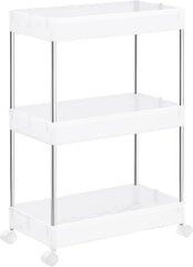 SONGMICS Slim Storage Cart, 3-Tier Rolling Cart, Narrow Utility Cart on Wheels, 6 Hooks, 360° Swivel Wheels, Lockable, Steel Frame, Bathroom, Kitchen, Office, Cloud White UKSC009W01