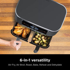 Ninja DZ201 Foodi – Friteuse à air comprimé DualZone 6 en 1 à 2 paniers avec 2 paniers à frire indépendants, Match Cook & Smart Finish pour rôtir, griller, déshydrater et plus encore pour des repas