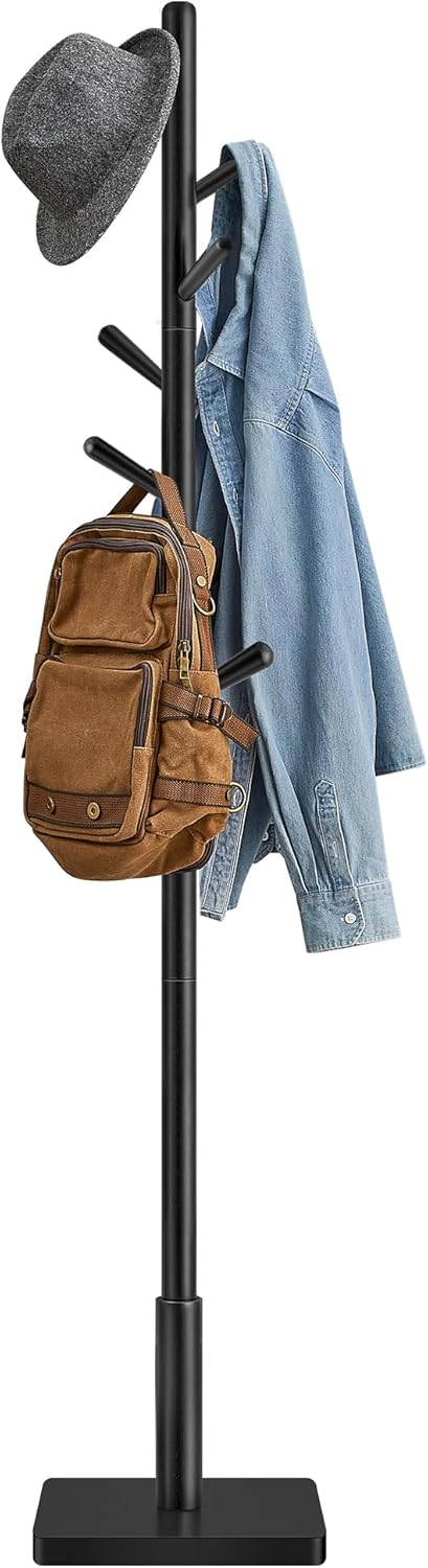 VASAGLE Solid Wood Coat Rack, Free Standing Hall Coat Tree with 8 Hooks, 3 Height Options, for Coats, Hats, Bags, Purses, for Entryway, Hallway, Rubberwood Hooks and Pole, Ink Black URCR010B01