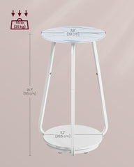 VASAGLE Round Side Table, 2-Tier Nightstand, End Table with Glass Top and Particleboard Shelf, Cocktail Table, for Living Room, Bedroom, Small Spaces, Modern Style, Marble White ULET287W59