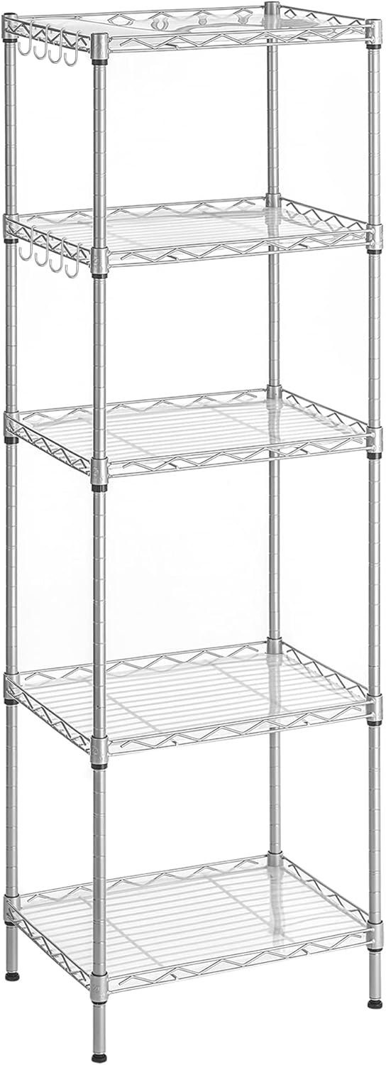 SONGMICS 5-Tier Storage Shelves, Wire Shelving Unit, Kitchen Metal Shelves, Storage Rack with Adjustable Shelves, Shelf Liners, 8 Hooks, for Garage, 11.8 x 15.7 x 47.6 Inches, Silver ULGR115E01