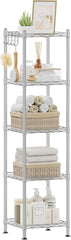 SONGMICS 5-Tier Bathroom Shelf, Storage Rack for Small Space, with 5 PP Shelf Liners, Removable Hook, Extendable Design, Silver and Translucent ULGR023S01