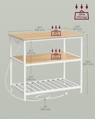 VASAGLE Kitchen Island with 3 Shelves, Kitchen Shelf with Power Strip, 23.6 x 39.4. x 34.9 Inches, Large Worktop, Steel Structure, Industrial, Easy to Assemble, Oak Color and White UKKI105Y01