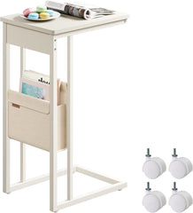 VASAGLE C-Shaped Side Table, End Table with Wheels, C Table for Couch, Sofa, with Storage Bag, Adjustable Feet, for Bedroom, Living Room, Cream White ULET357W77