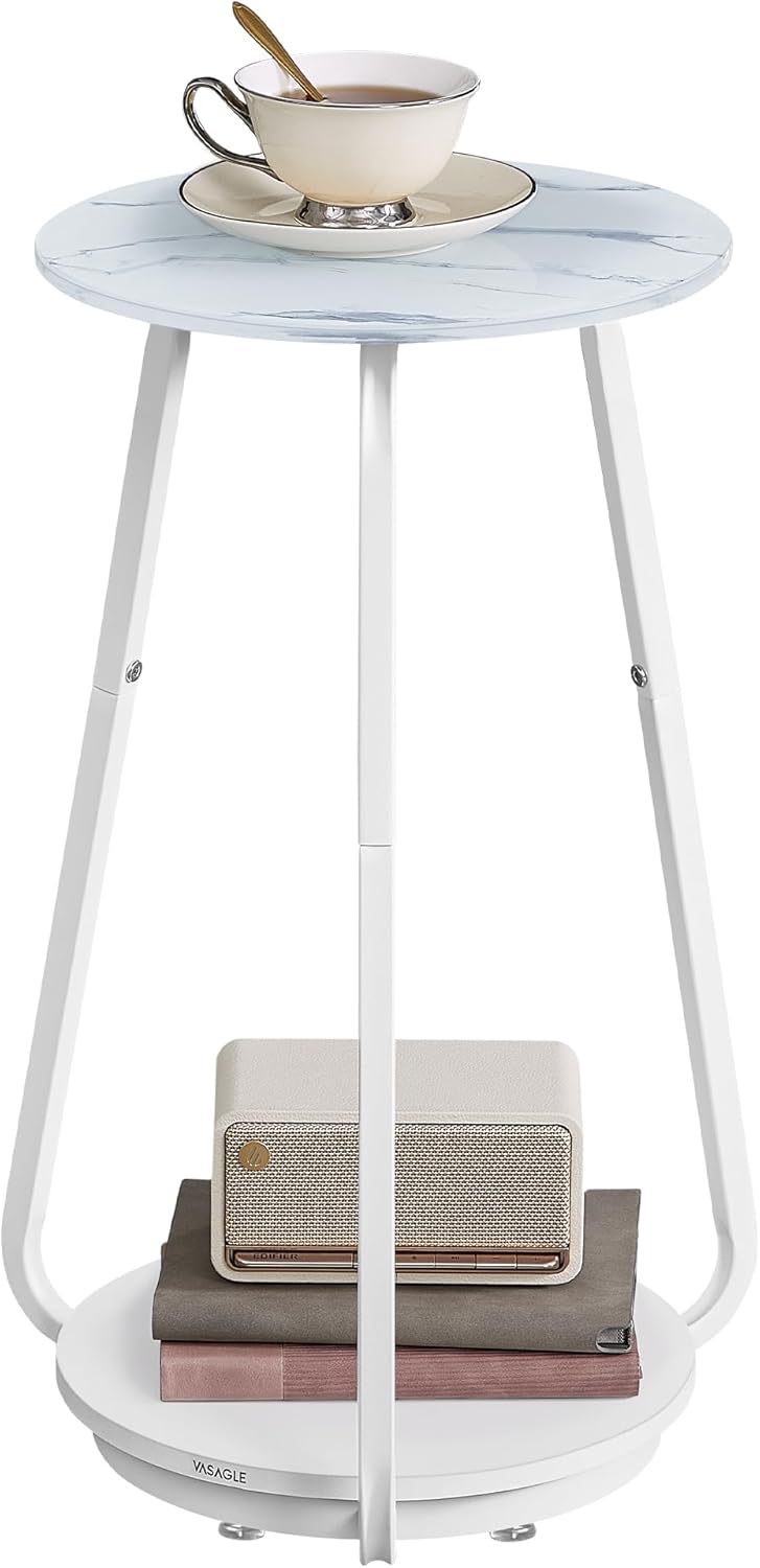 VASAGLE Round Side Table, 2-Tier Nightstand, End Table with Glass Top and Particleboard Shelf, Cocktail Table, for Living Room, Bedroom, Small Spaces, Modern Style, Marble White ULET287W59