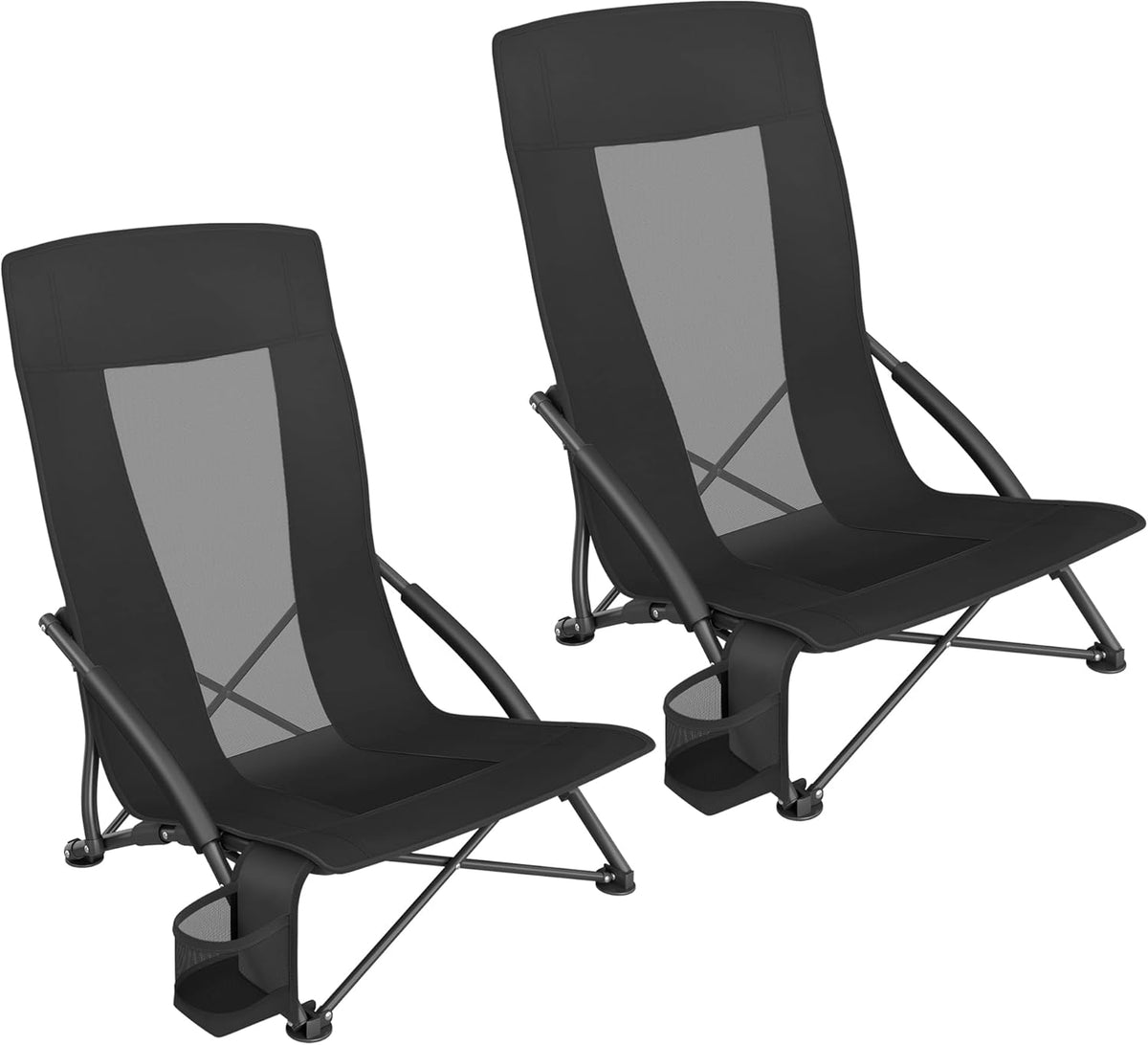SONGMICS Set of 2 Portable Beach Chairs for Adults, Max. Load 330 lb Each, High Backrest, Cup Holder, Lightweight, Heavy-Duty, Black UGCB067B01V1