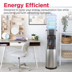 Frigidaire EFWC519 stainless steel water cooler beside an office desk