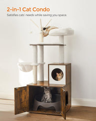 Feandrea Cat Tree with Litter Box Enclosure, 2-in-1 Modern Cat Tower, 55.1-Inch Cat Condo with Scratching Posts, Removable Pompom Sticks, Rustic Brown UPCT113X01
